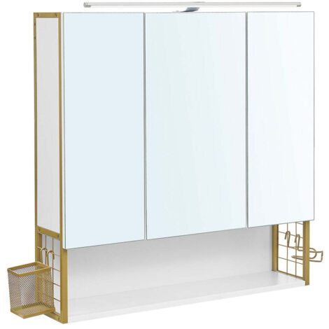 Mueble de baño de pared con espejo 70 x 145 x 70 cm con lámpara LED Armario de 3 puertas con balda regulable Porta secador de pelo estilo moderno chic blanco y dorado 120004037