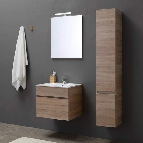Mueble De Baño De Pared De 60 Cm Con Compartimiento Espejo Y Lavabo De Roble Serie Sole