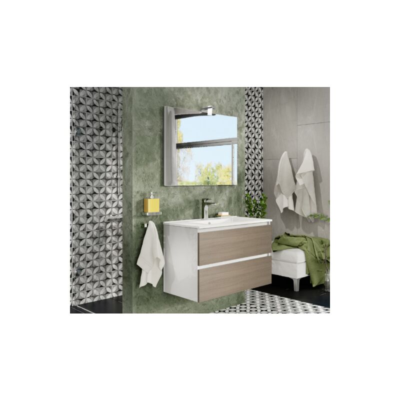 

Mueble de baño de pared de 80 cm Moon en madera Roble ahumado con lavabo y espejo con lámpara de leds | Con espejo y lámpara LED