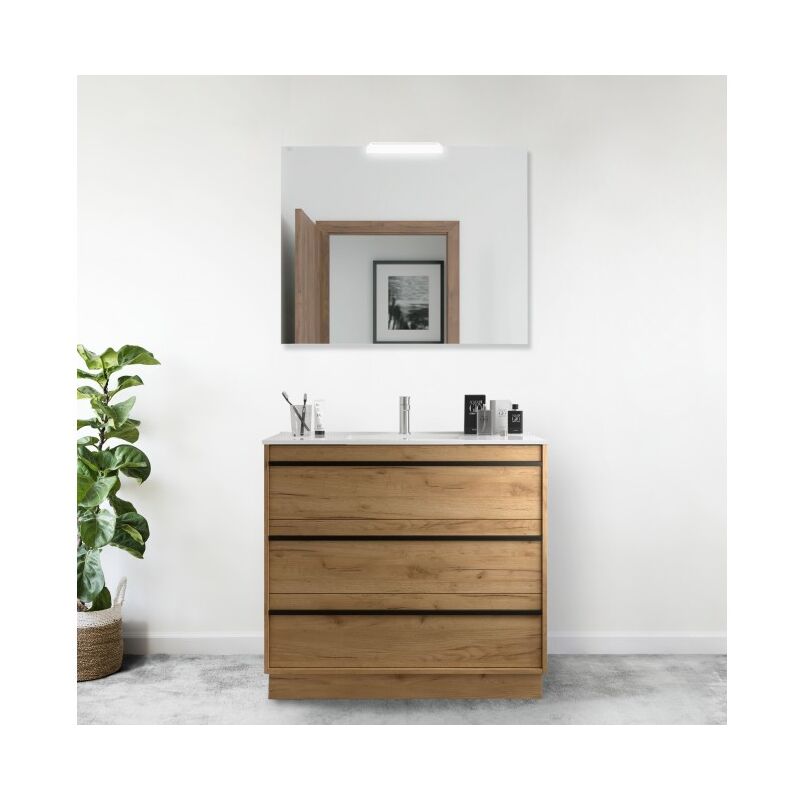 

Mueble de baño de pie 100 cm Nevada de madera Roble Ostippo con lavabo de porcelana | 100 cm - Con columna, espejo y lámpara LED
