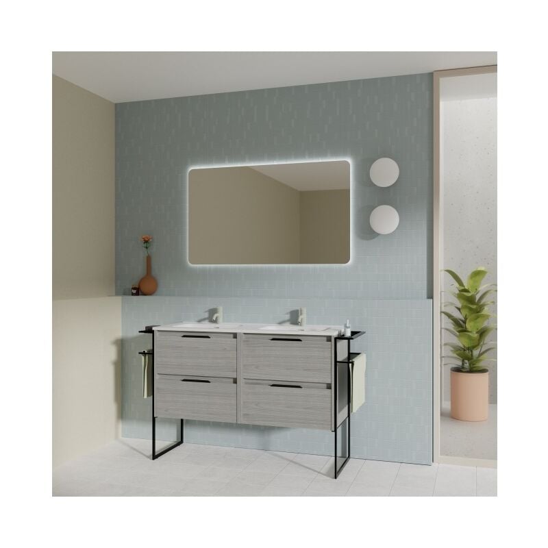 

Caesaroo - Mueble de baño de pie 120 cm Virginia Gris arenado con lavabo | gris - Con espejo y lámpara LED - 120 cm