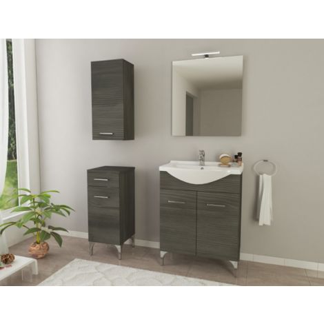 Mueble de baño de pie 65 cm Ambra en madera de roble oscuro con lavabo de cerámica y espejo con lámpara Led  roble oscuro - Con espejo y lámpara LED - 65 cm