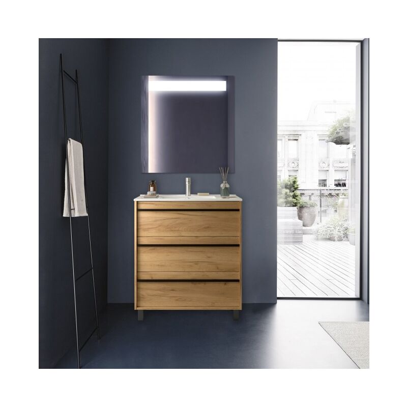 

Caesaroo - Mueble de baño de pie 80 cm Nevada de madera Roble Ostippo con lavabo de porcelana | 80 cm - Standard