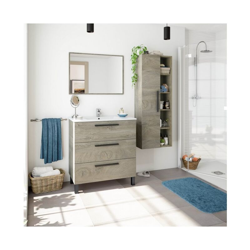 

Mueble de baño de pie 80 cm Roble con 3 cajones y Espejo | Roble claro - Con Columna y Lámpara Led