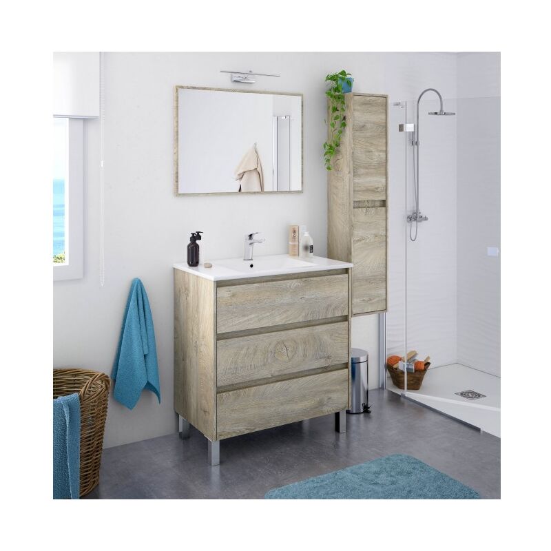 

Caesaroo - Mueble de baño de pie 80 cm roble con espejo y lavabo | color - Con lámpara Led