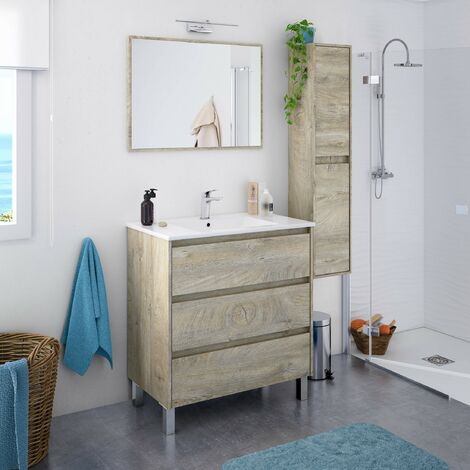 Mueble de baño de pie 80 cm roble con espejo y lavabo  color - Con lámpara Led