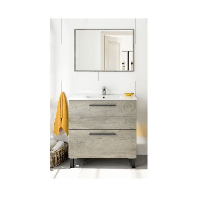 

Caesaroo - Mueble de baño de pie 80 cm Roble con Lavabo y Espejo | Roble claro - Con lámpara Led