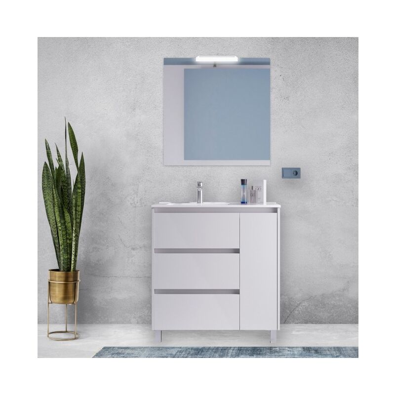 

Caesaroo - Mueble de baño de pie 85 cm de madera lacado blanco brillante con lavabo bañera a la derecha | Con columna, espejo y lámpara LED