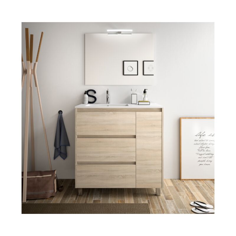 

Mueble de baño de pie 85 cm de madera Roble Caledonia con lavabo de porcelana | Con espejo y lámpara LED