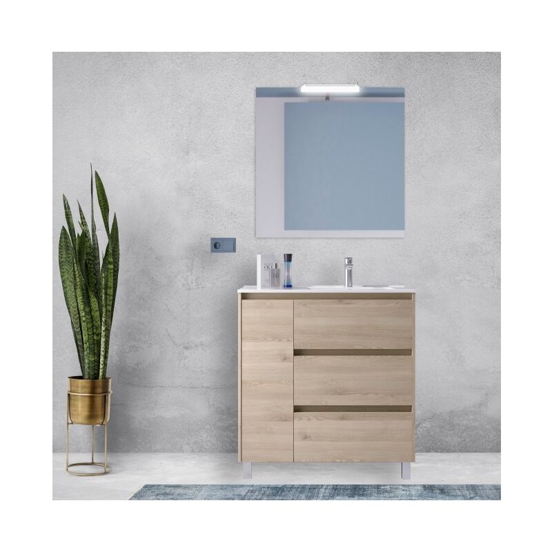 

Caesaroo - Mueble de baño de pie 85 cm de madera Roble Caledonia con lavabo derecho | Con columna, espejo y lámpara LED
