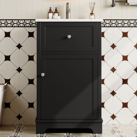 Mueble de baño de pie con lavabo, cajones y espacio de almacenamiento, en MDF + cerámica, negro
