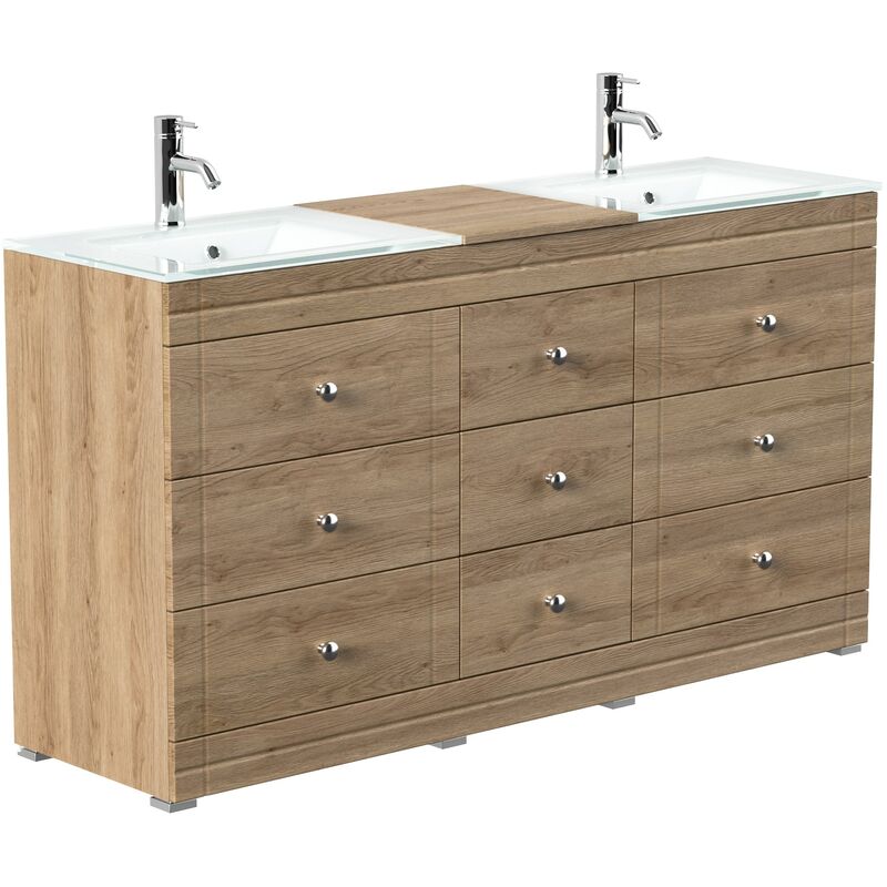 

Mueble de baño de pie Vitro clásico con lavabo de cristal Roble claro