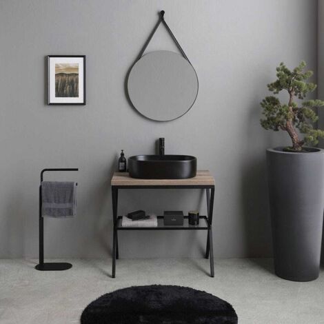 Mueble De Baño De Suelo 80Cm Con Lavabo Y Espejo Redondo  Manchester