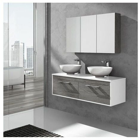 MUEBLE DE BAÑO ENIF CON ENCIMERA DE MADERA CON ESPEJO, Y TOALLERO, SIN LAVABO COMBI: GRIS CENIZA Y BLANCO 120CM DOS SENOS