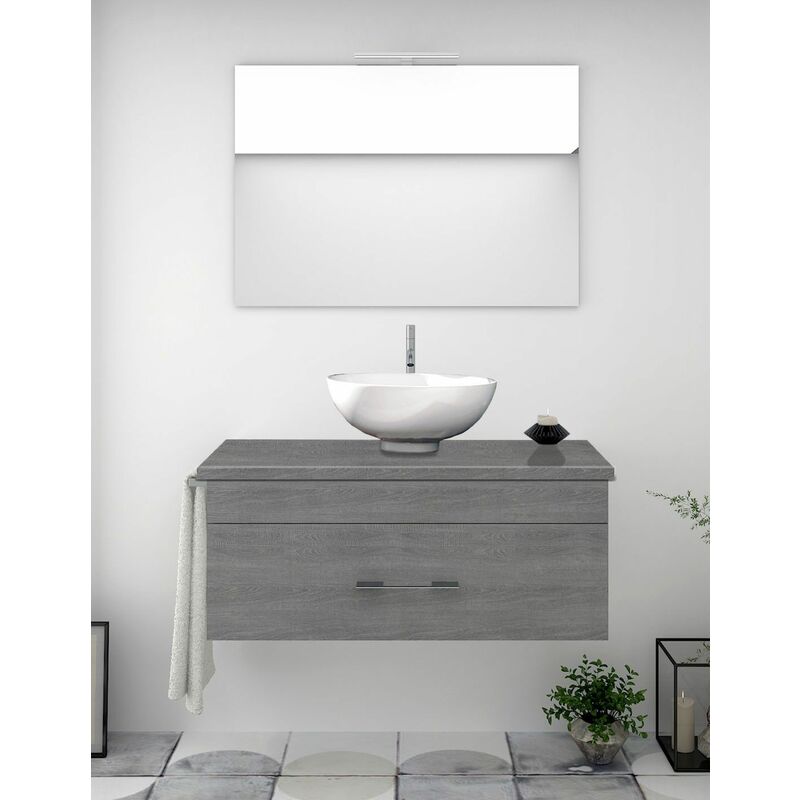 Mueble De Baño Enif Con Encimera De Madera En Gris Ceniza Con Espejo, Y Toallero Aplique Led No Incluido Sin Lavabo 60Cm