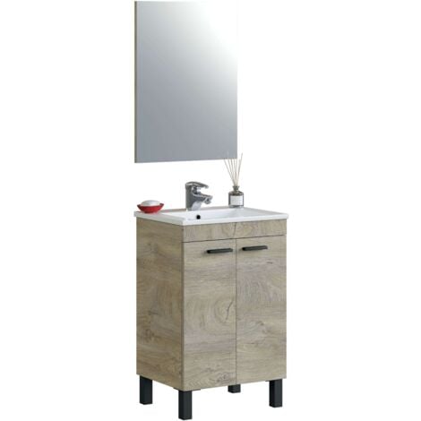 Mueble de Baño Ezio Estilo Natural en Color Roble Alaska con Espejo, 2 Puertas y Patas 50x80x50 cm (Sin Lavabo)