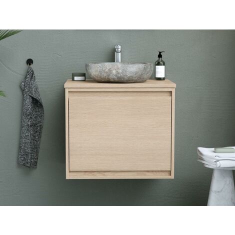Mueble de baño flotante con lavabo de piedra sobre encimera - Chapado en roble - 60 cm - MESLIVA - Venta-unica - Color natural claro