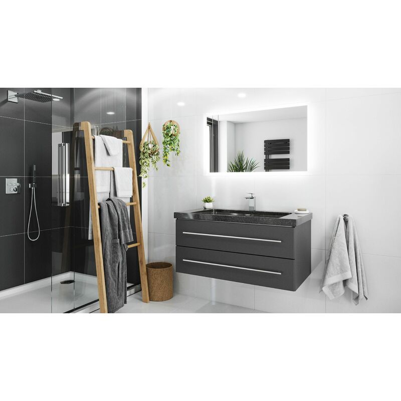 

Mueble de baño granito Galaxy Black Damo 100cm 1 agujero Antracita y espejo