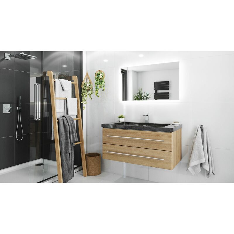 

Mueble de baño granito Galaxy Black Damo 100cm 1 agujero Roble claro y espejo