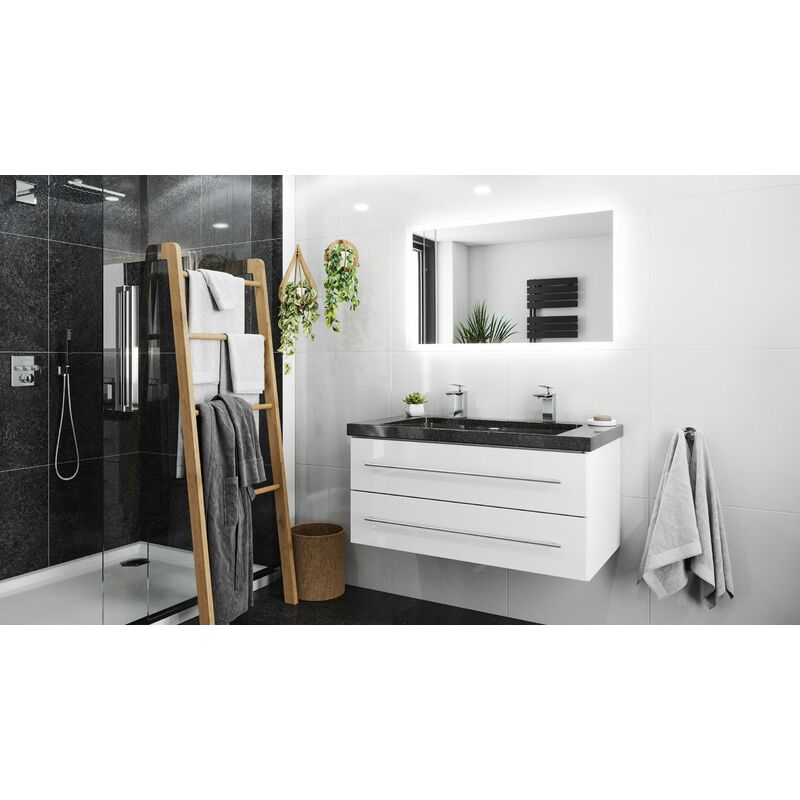 

Mueble de baño granito Galaxy Black Damo 100cm 2 agujero Blanco brillo y espejo