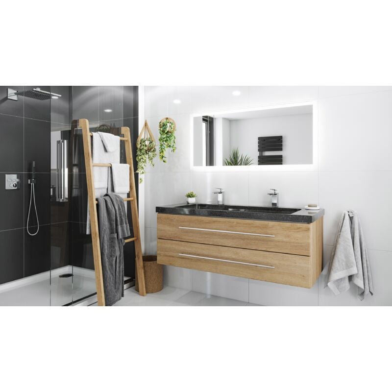 

Mueble de baño granito Galaxy Black Damo 130cm 2 agujero Roble claro y espejo