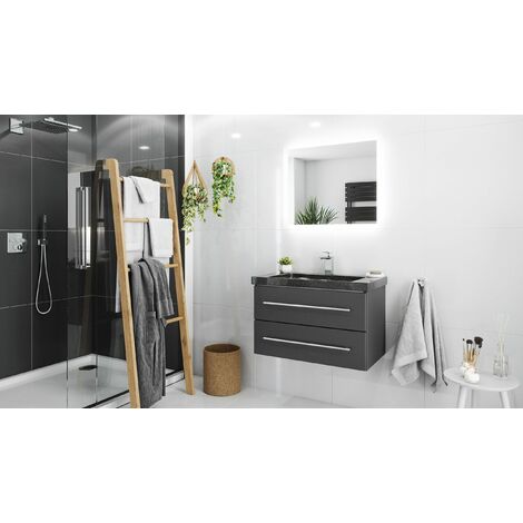 Mueble de baño granito Galaxy Black Damo 75cm 1 agujero Antracita y espejo