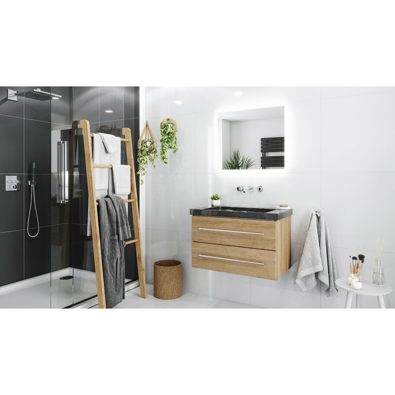 

Mueble de baño granito Galaxy Black Damo 75cm sin agujero Roble claro y espejo