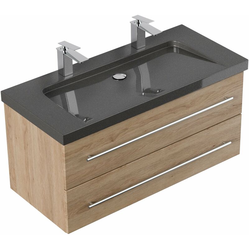 

Mueble de baño granito India Black Damo 100 cm 2 agujero para grifo Roble claro