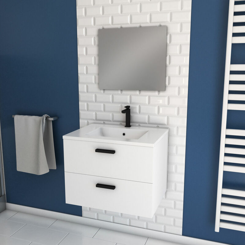 

Mueble De Baño Blanco 60Cm Montado Suspendido H46 X L60 X P45 - Con Cajones - Lavabo Y Espejo - Box In 60 White