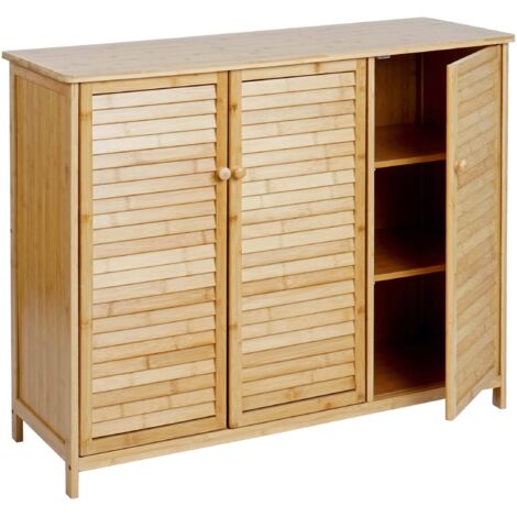 Mueble de baño HHG-836, mueble de baño estantería de baño cajonera, 3 puertas bambú 81x97x34cm