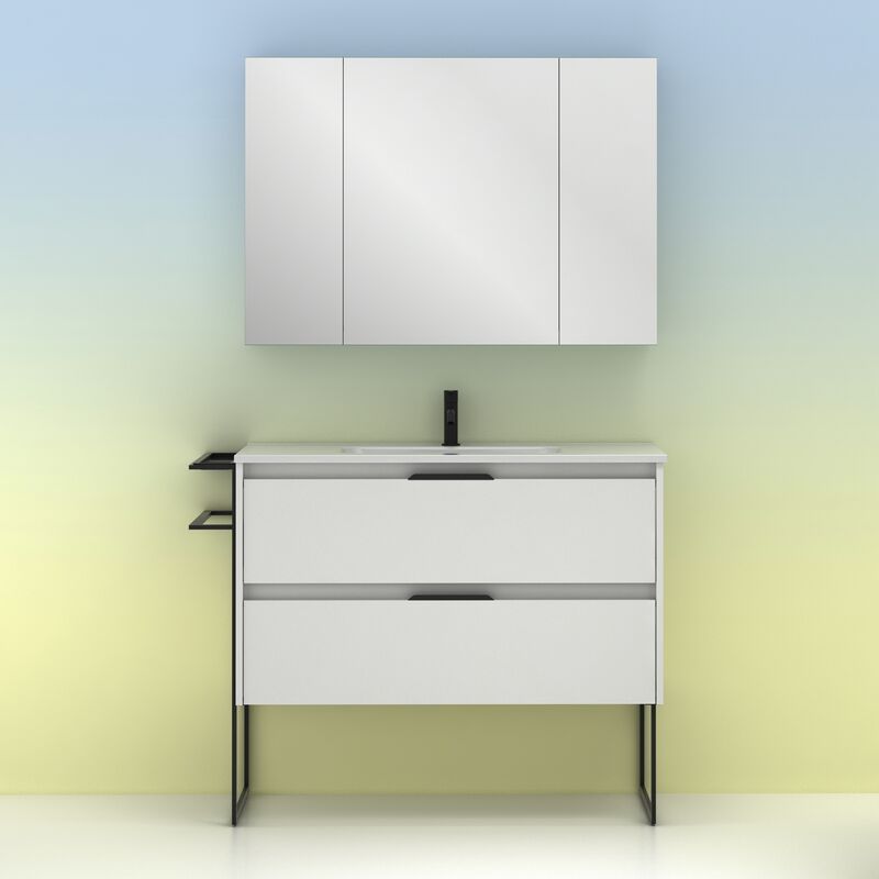 

Amizuva - Mueble de baño KEIKO de 100 cms con dos cajones. Al.56,5 x An.100 x F.46. Acabado en Blanco Brillo. | Incluye lavabo cerámico y espejo.