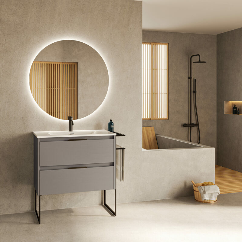 

Amizuva - Mueble de baño KEIKO de 80 cms con dos cajones. Al.56,5 x An.80 x F.46. Acabado en Fumé Arenado. | Incluye lavabo cerámico y espejo.