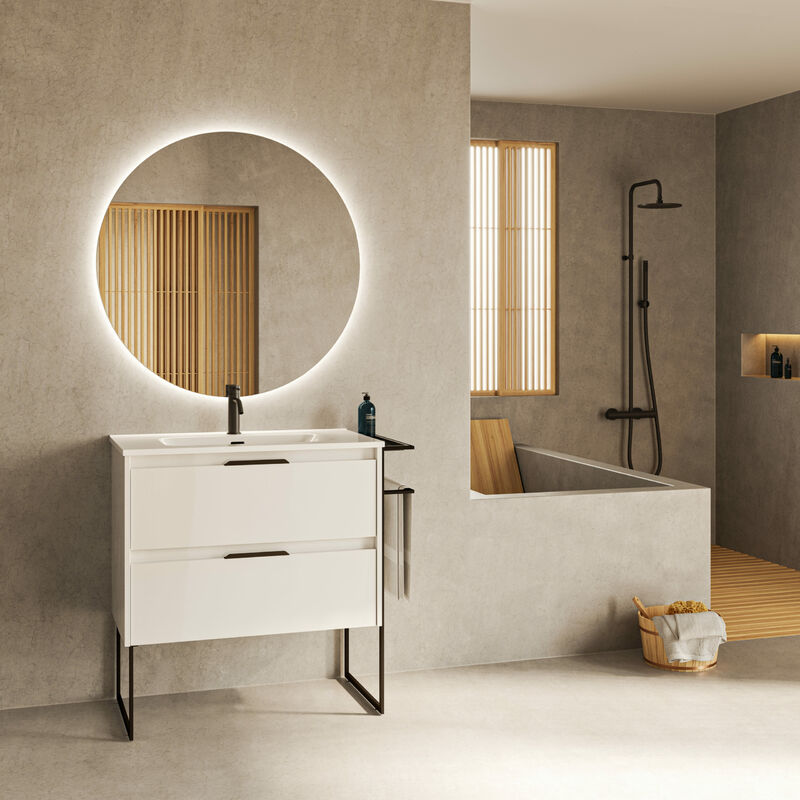 

Amizuva - Mueble de baño KEIKO de 80 cms con dos cajones. Al.56,5 x An.80 x F.46. Acabado en blanco brillo. | Incluye lavabo cerámico