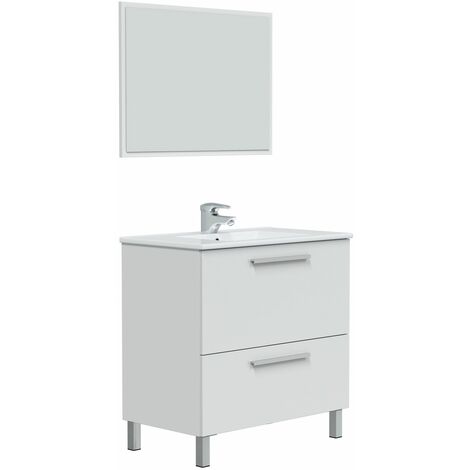 Mueble de baño Luis 1 cajón 1 puerta, espejo y con lavabo cerámico, Color Blanco brillo