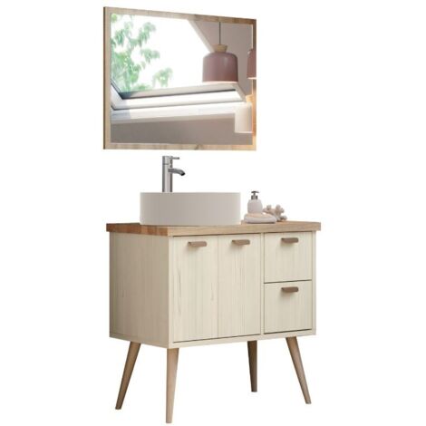 MOBIMARKET Mueble de Baño Lya 80cm Madera Claro 2 Cajones 2 Puertas Espejo Sin Lavabo Patas de Madera