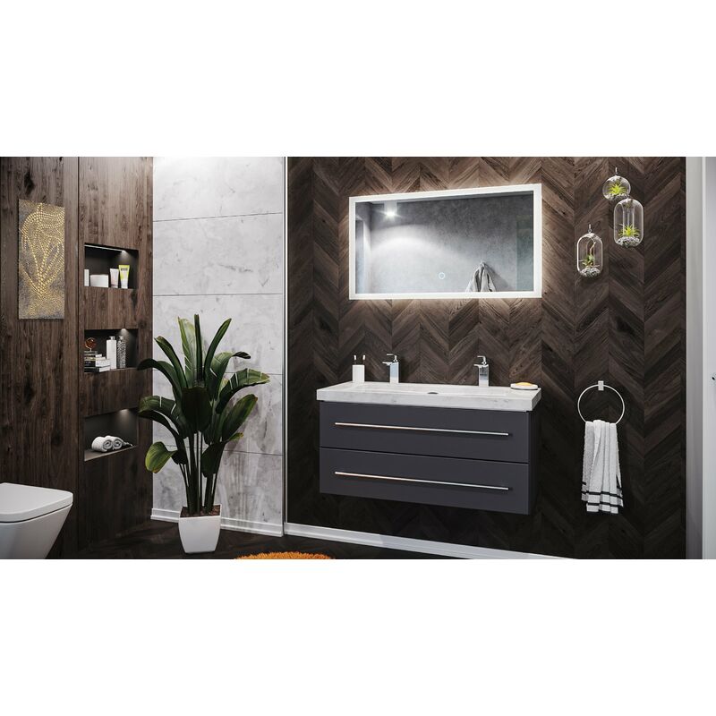 

Emotion - Mueble de baño mármol Carrara Blanco Damo 100cm 2 agujero Antracita y espejo