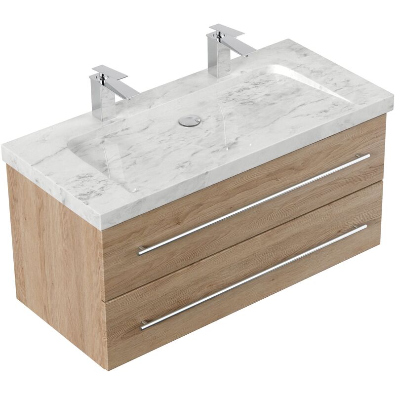 

Mueble de baño mármol Carrara Blanco Damo 100cm 2 agujero para grifo Roble claro