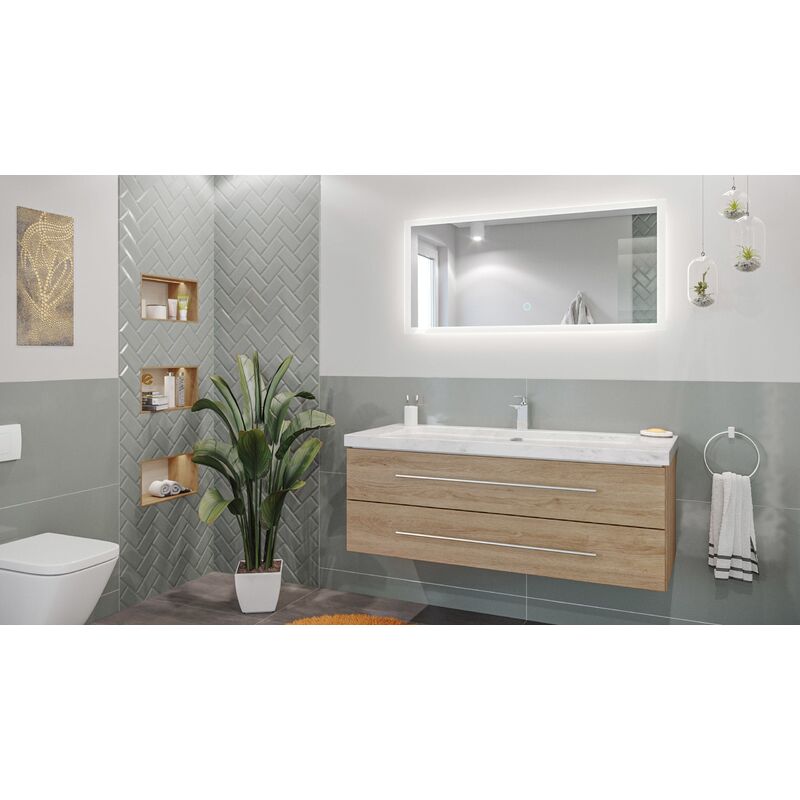 

Mueble de baño mármol Carrara Blanco Damo 130cm 1 agujero Roble claro y espejo