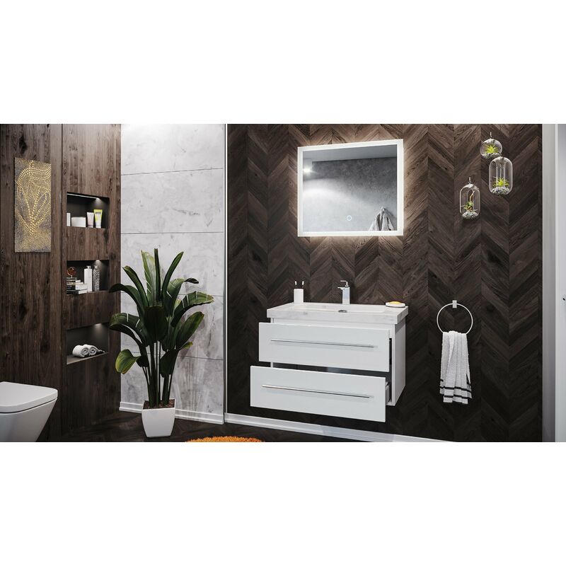 

Mueble de baño mármol Carrara Blanco Damo 75cm 1 agujero Blanco y LED espejo