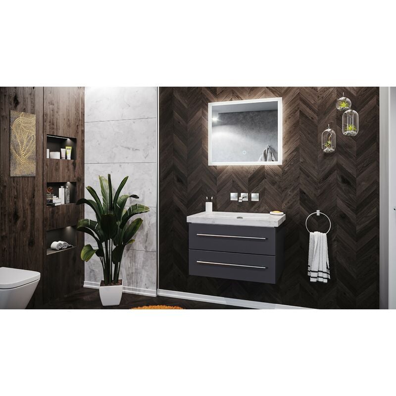 

Mueble de baño mármol Carrara Blanco Damo 75cm sin agujero Antracita LED-espejo