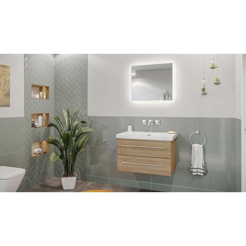 

Mueble de baño mármol Carrara Blanco Damo 75cm sin agujero Roble claro y espejo