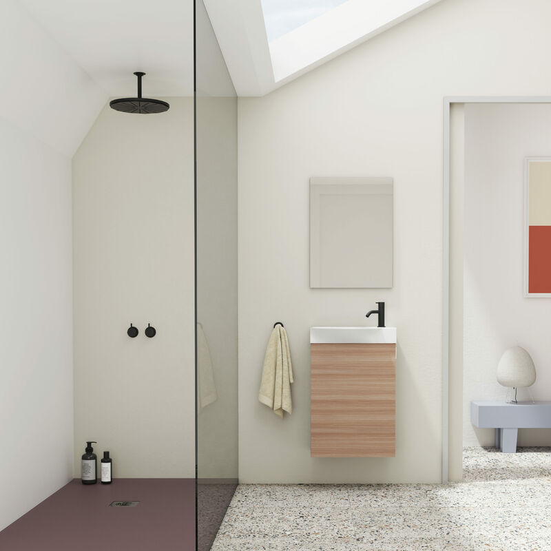 

Amizuva - Mueble de baño MIKA. Al.68 x An.45 x F.35. Nogal Arenado| Incluye lavabo cerámico y espejo.