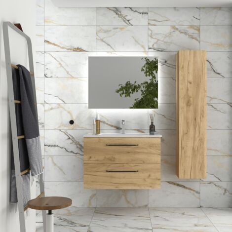 Mueble de baño Morai 80 cm Roble con tirador negro con Lavabo de porcelana