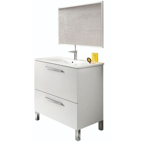 Mueble de baño de pie 80 cm blanco brillante con espejo