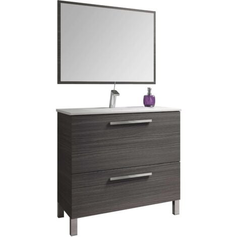 Mueble de Baño Naida Estilo Industrial en Color Gris Ceniza con 2 Cajones, Espejo y Patas 80x80x45 cm (Sin Lavabo)