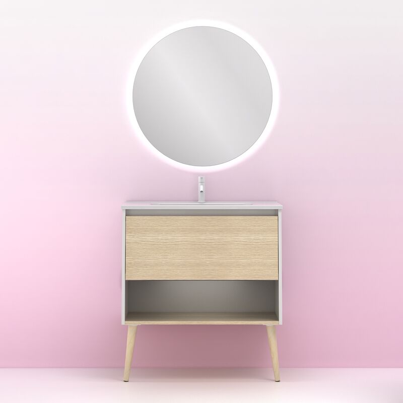 

Amizuva - Mueble de baño NARA de 80 cms con 1 cajón y 1 hueco. Al.56,5 x An.80 x F.46. Acabado en Blanco Mate/ Roble Arenado | Incluye lavabo