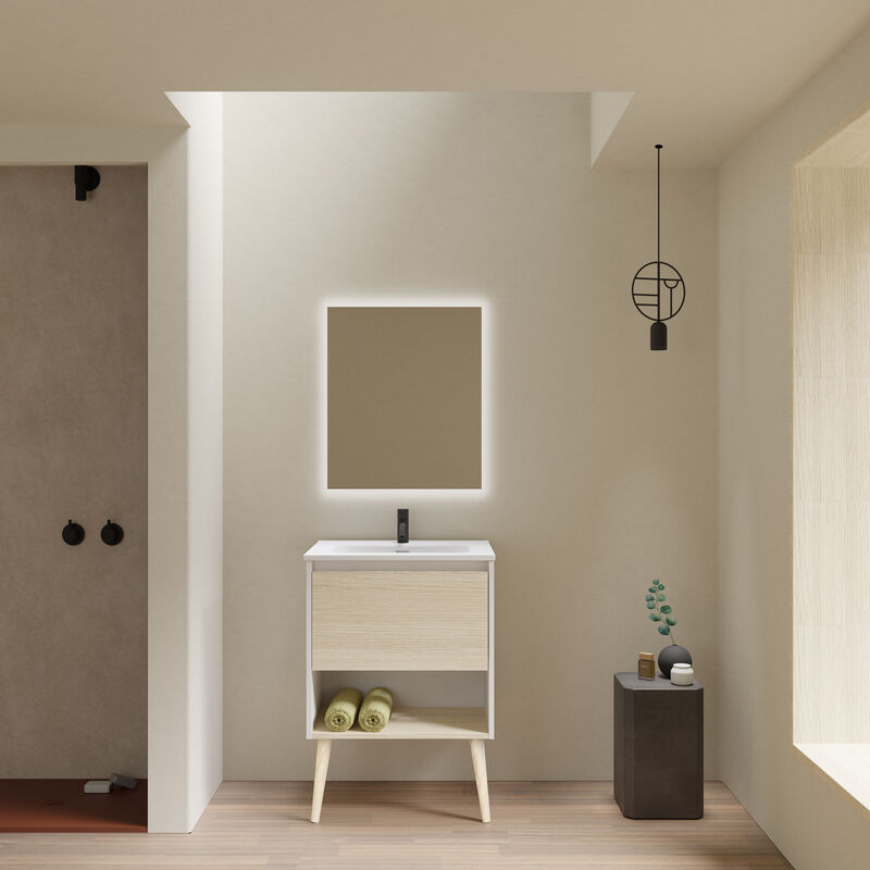 

Amizuva - Mueble de baño NARA de 60 cms con 1 cajón y 1 hueco. Al.56,5 x An.60 x F.46. Acabado en Blanco Mate/ Roble Arenado | Incluye lavabo