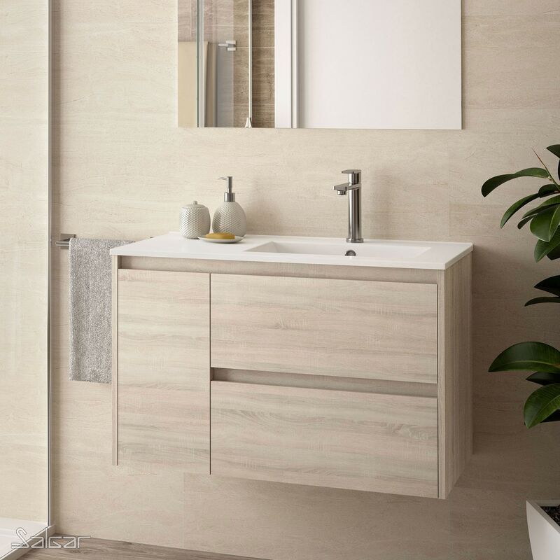 Mueble de baño NOJA 85 cm 1 puerta izquierda ROBLE CALEDONIA + Lavabo - Roble caledonia