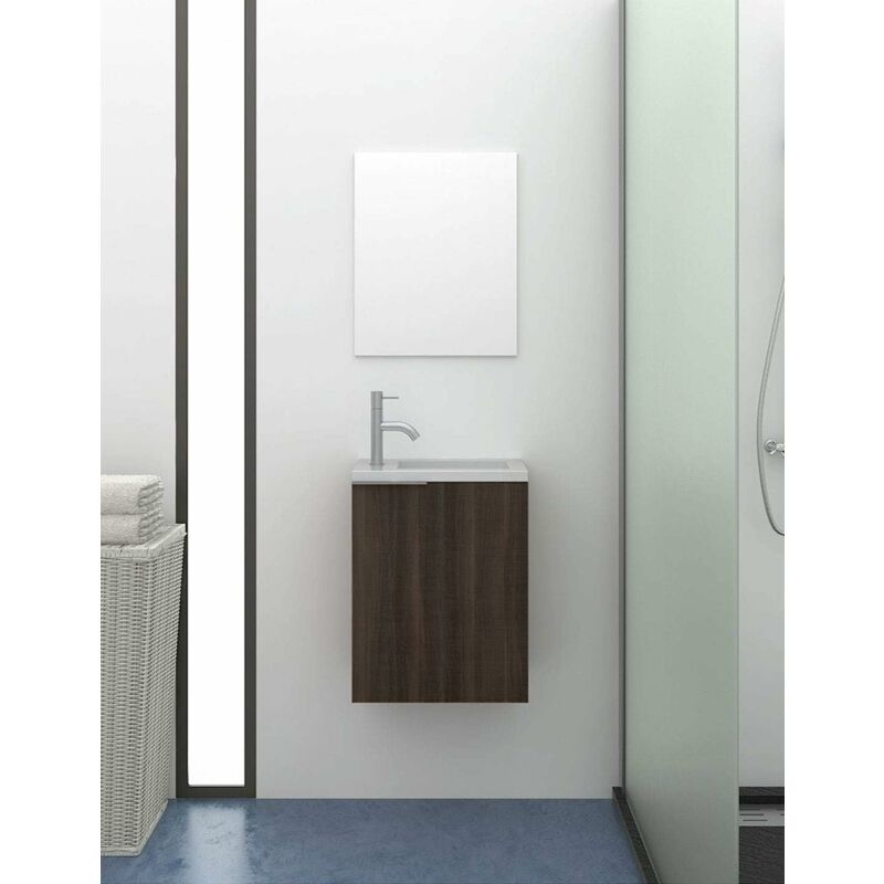 Mueble De Baño Pequeño Y Moderno Con Espejo Y Lavabo De Resina Con Carga Mineral 60X40X22Cm Fresno Tea
