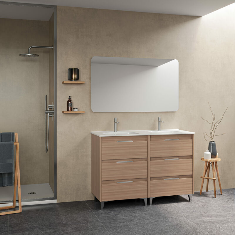 

Amizuva - Mueble de baño SUKI de 120 cms con seis cajones. Al.74 x An.120 x F.46. Acabado en Nogal Arenado. | Incluye lavabo cerámico y espejo.